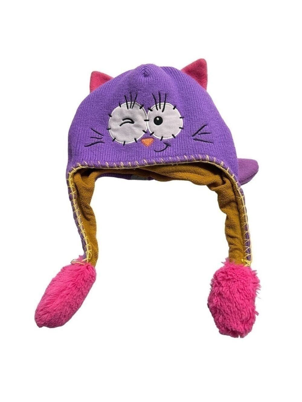 Flipeez‎ Winking Kitty Cat Purple Pink Knit Hat with Moveable Tail Size OS